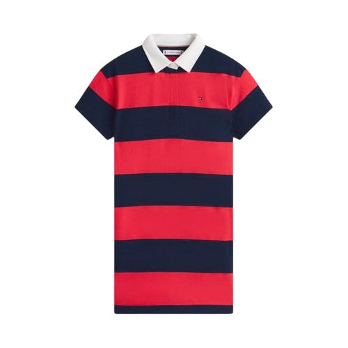Front - Tommy Hilfiger Girls Striped Pique Rugby Polo Shirt Dress