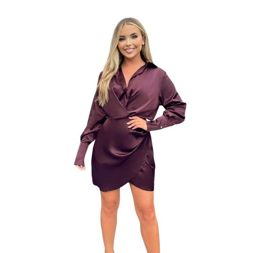 Front - Ax Womens/Ladies Satin Wrap Mini Shirt Dress