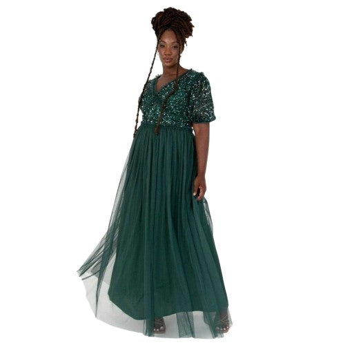 Front - Maya Deluxe Womens/Ladies Sequin V Neck Puff Sleeve Gown