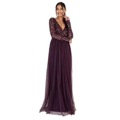 Front - Maya Deluxe Womens/Ladies Sequin V Neck Long-Sleeved Gown