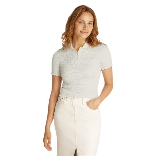 Front - Tommy Jeans Womens/Ladies Crop Shirred Slim Polo Shirt