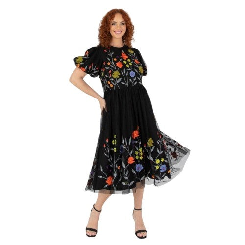 Front - Maya Deluxe Womens/Ladies Floral Crew Neck Puff Sleeve Midi Dress