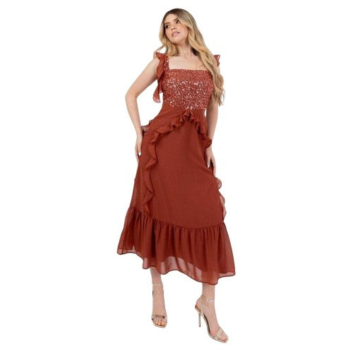 Front - Maya Deluxe Womens/Ladies Sequin Square Neck Sleeveless Midi Dress