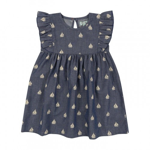 Front - Lilly & Sid Girls Sailboat Crew Neck Dress