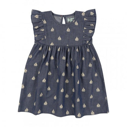 Front - Lilly & Sid Girls Sailboat Crew Neck Dress