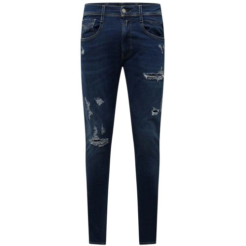 Front - Replay Mens Cotton Blend Ripped Slim Jeans
