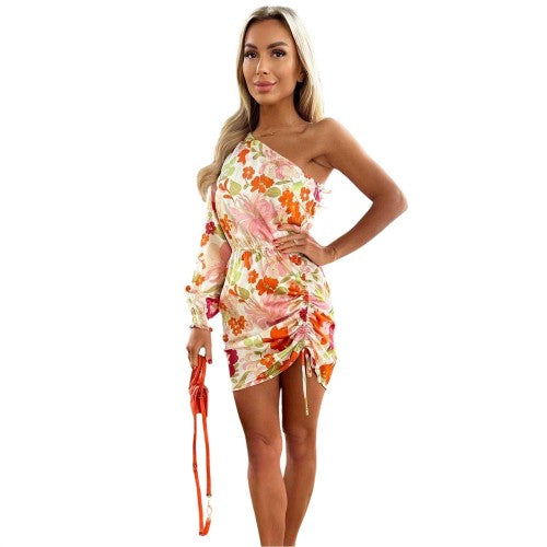 Front - AX Paris Womens/Ladies Floral Ruched Side One Sleeve Mini Dress