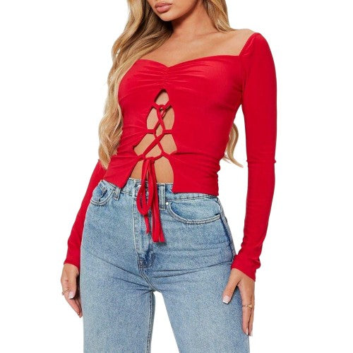 Front - I Saw It First Womens/Ladies Lace Up Double Layered Ruched Bust Crop Top
