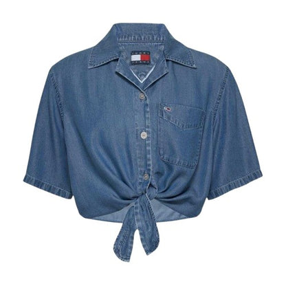 Front - Tommy Jeans Womens/Ladies Cropped Chambray Tied Hem Shirt
