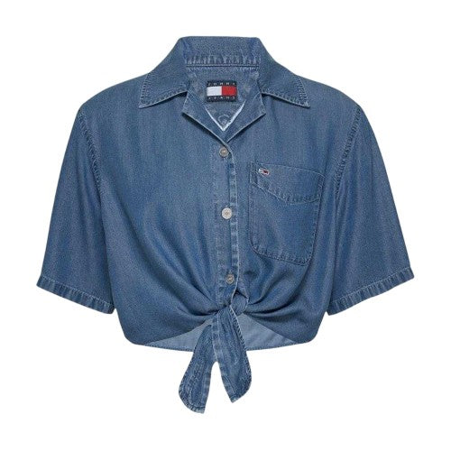 Front - Tommy Jeans Womens/Ladies Cropped Chambray Tied Hem Shirt
