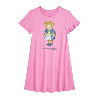 Front - Ralph Lauren Girls Polo Bear Cotton Dress