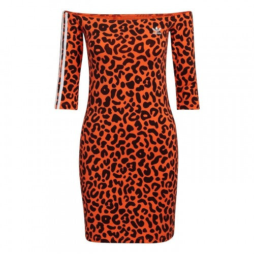Front - Adidas Womens/Ladies Leopard Print Off Shoulder Mini Dress