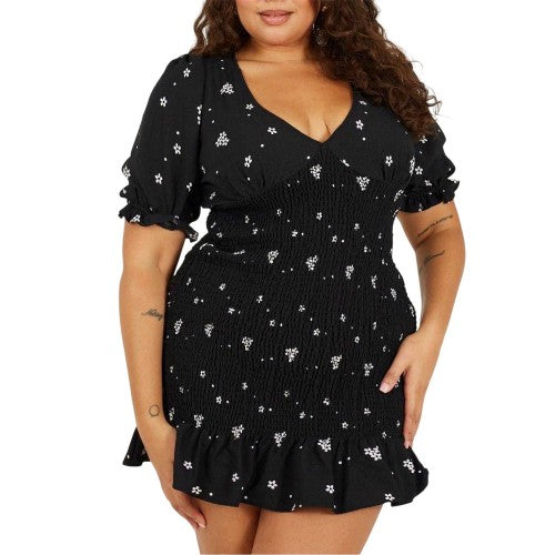 Front - Brave Soul Womens/Ladies V Neck Plus Puff Sleeve Mini Dress