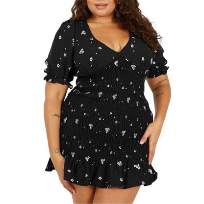 Front - Brave Soul Womens/Ladies V Neck Plus Puff Sleeve Mini Dress