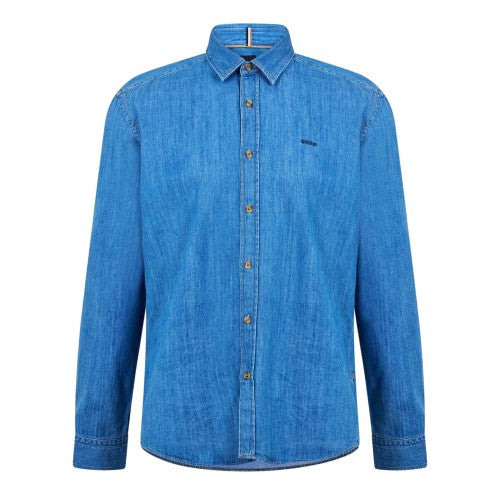 Front - Boss Mens Liam Embroidered Denim Point Collar Shirt