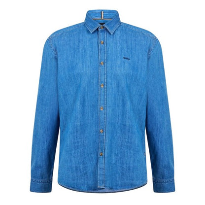 Front - Boss Mens Liam Embroidered Denim Point Collar Shirt