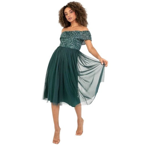 Front - Maya Deluxe Womens/Ladies Sequin Bardot Short-Sleeved Midi Dress