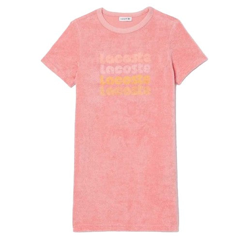 Front - Lacoste Girls Repeat Logo Cotton T-Shirt Dress