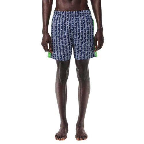 Front - Lacoste Mens Monogram Mid Length Swimming Trunks