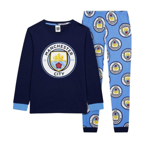 Front - Manchester City FC Boys Crest Long-Sleeved Top & Bottom Set