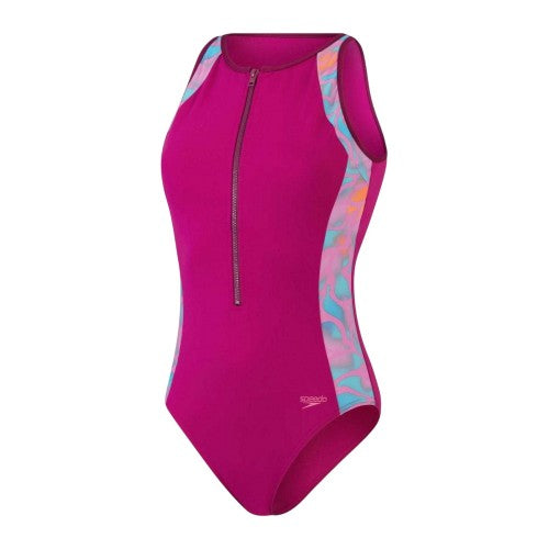 Front - Speedo Womens/Ladies Panel Half Zip One Piece Swimsuit