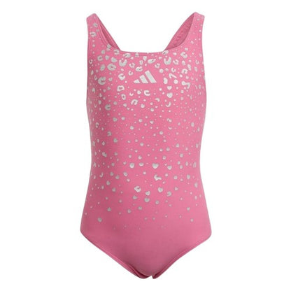 Front - Adidas Girls Glam Leopard Print One Piece Swimsuit