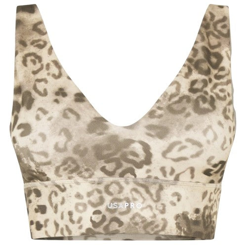 Front - USA Womens/Ladies Pro Leopard Print V Neck Slim Sports Bra
