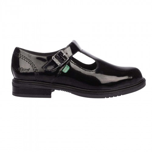 Front - Kickers Girls Lach Patent Leather T-Bar Low Block Heel School Shoes