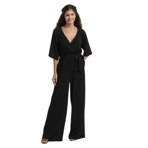 Front - Be You Womens/Ladies Crinkled V Neck Relaxed Fit 3/4 Sleeve Jumpsuit
