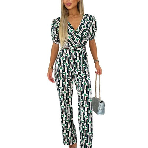Front - AX Paris Womens/Ladies Geometric Pattern Belted Jumpsuit