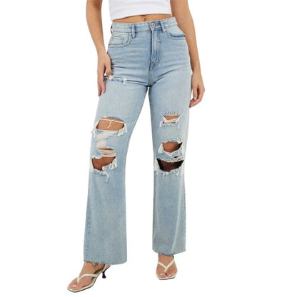 Front - Brave Soul Womens/Ladies Distressed High Waist Wide Leg Jeans