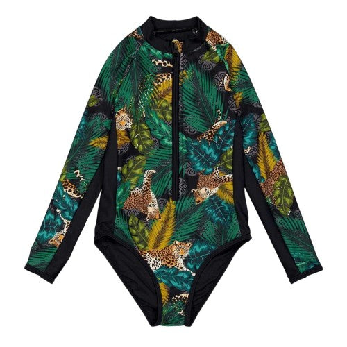 Front - Biba Girls Animal Print Long-Sleeved Rash Guard Swimsuit
