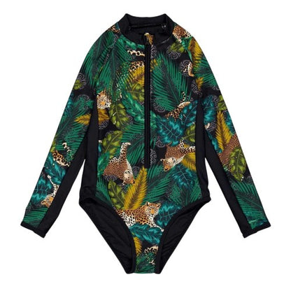 Front - Biba Girls Animal Print Long-Sleeved Rash Guard Swimsuit