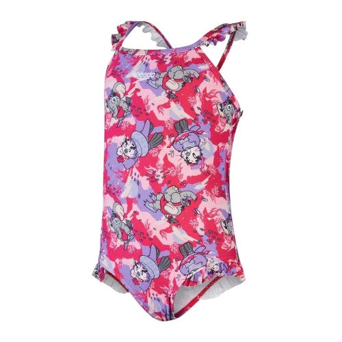 Front - Speedo Girls Animals Frill One Piece Swimsuit
