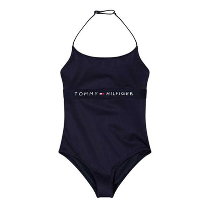 Front - Tommy Hilfiger Girls Halter Neck One Piece Swimsuit
