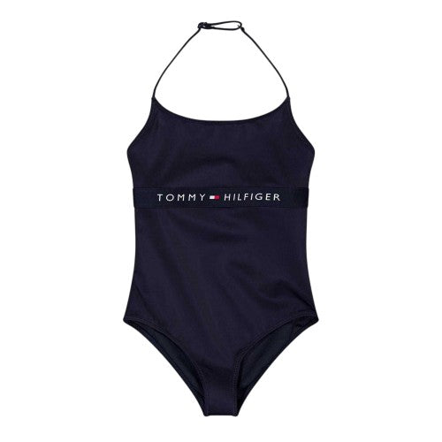 Front - Tommy Hilfiger Girls Halter Neck One Piece Swimsuit