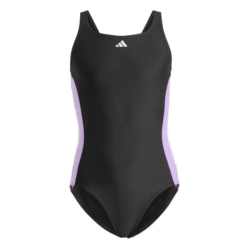 Front - Adidas Girls 3 Stripes One Piece Swimsuit
