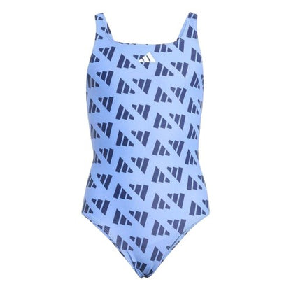 Front - Adidas Girls Graphic Print Logo One Piece Swimsuit
