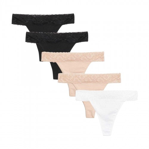 Front - Be You Womens/Ladies Lace Trim Cotton Thong (Pack of 5)