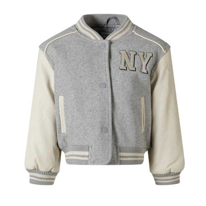 Front - Minoti Girls New York Contrast Appliqué Patch Varsity Jacket