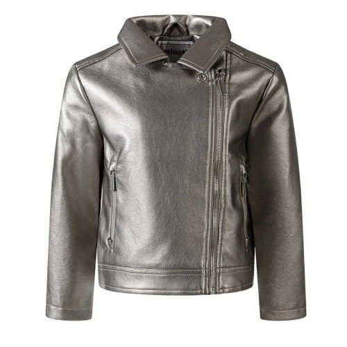 Front - Minoti Girls Metallic Biker Jacket