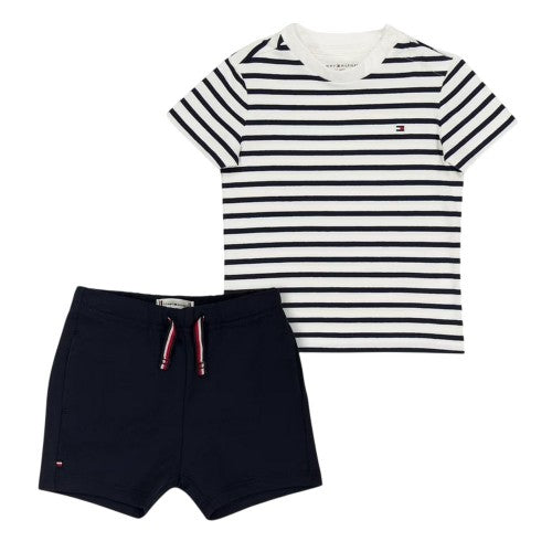 Front - Tommy Hilfiger Baby Stripe T-Shirt & Shorts Set