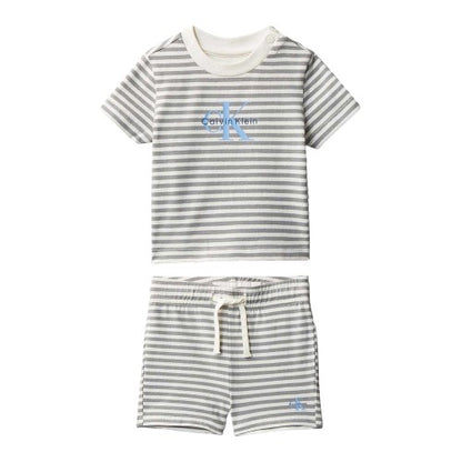 Front - Calvin Klein Baby Striped Two Piece T-Shirt & Shorts Set