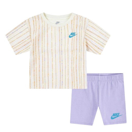 Front - Nike Girls Camper Striped T-Shirt & Shorts Set