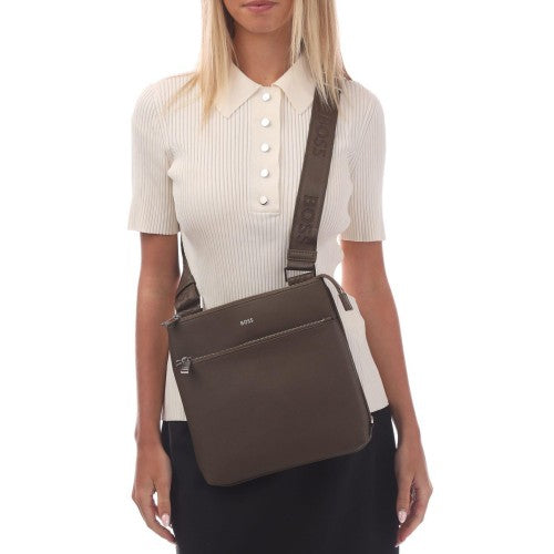 Front - Hugo Boss Zair Bonded Leather Zipped Crossbody Bag