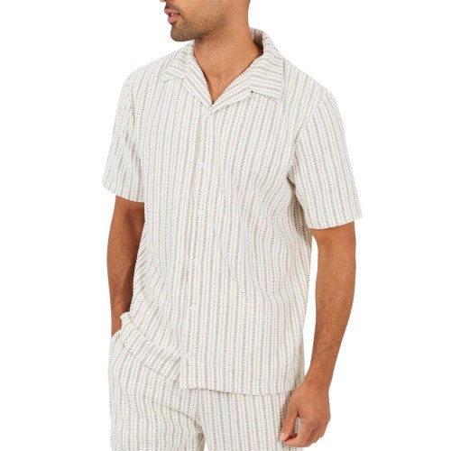 Front - Brave Soul Mens Striped Textured Revere Collar Short-Sleeved Shirt