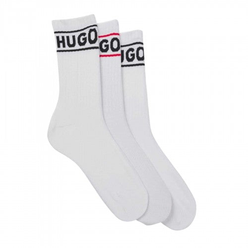 Front - Hugo Mens Qsrib Sporty Lettering Crew Socks (Pack of 3)