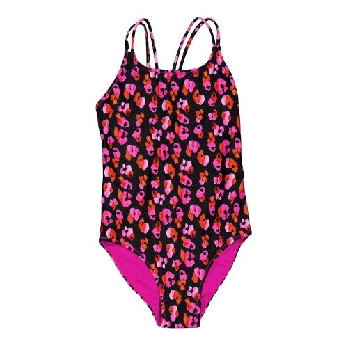 Front - Biba Girls Leopard Print Cross Back One Piece Swimsuit