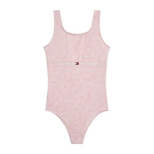 Front - Tommy Hilfiger Girls Leaf Print One Piece Swimsuit