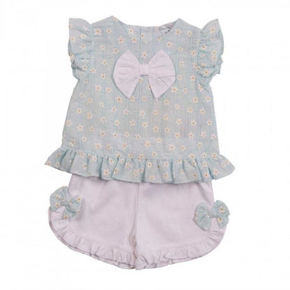 Front - Mintini Baby Girls Floral Bow Detail Top & Shorts Set